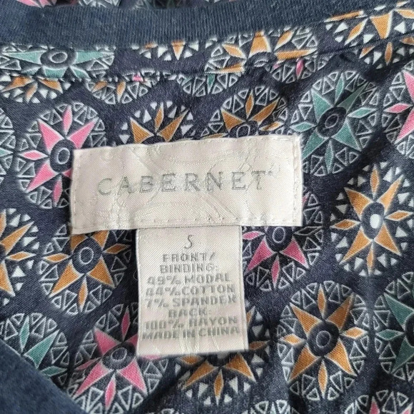 Cabernet Woman's T-Shirt Top Blouse Navy Blue Stretch Back Red Abstract Sz Small - Picture 10 of 13